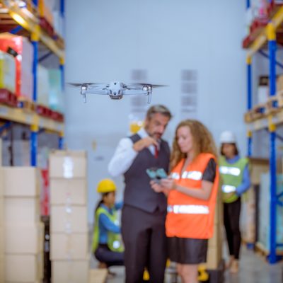 Industry engineer and worker under operation control drone flying work in factory and see detail ind